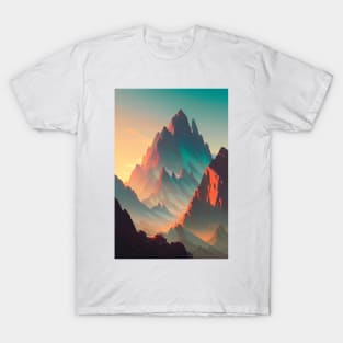 Mountain Range at Sunset - Majestic Red & Blue Lights Anime Landscape T-Shirt